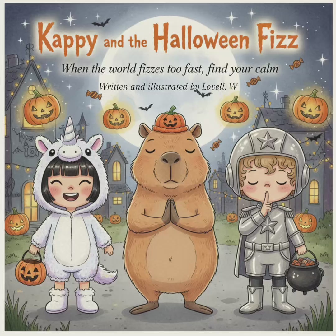 Load video: Halloween night in Willowmere Valley sparkles with costumes and candy—but for Sebby, it’s all a little too loud, too bright, too fizzy. Luckily, Vera and their calm, pumpkin-hatted friend Kappy the Capybara know just what to do. Together, they practice the Capybara Calm - a magical breathing trick that slows the heart, softens the noise, and brings the joy back into the night.A story about friendship, mindfulness, and the gentle power of slowing down when the world spins too fast. Inspired by alanünü’s world of Joyful Balance - where calm meets play and every adventure ends in cozy comfort.